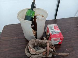 Bucket of assorted garage items, se...