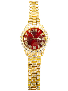 lot 22 image: Eyecatching Mens Rhinestone Set With Red Dial Yellow Stainless Steel & Base Metal Quartz Analog watch. New Battery Installed