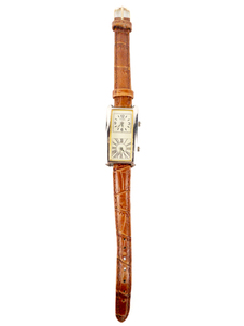 lot 92 image: Ladys Fossil Dual Time Brown Faux Leather Strap White With Yellow Border Base Metal Quartz Analog watch. Working