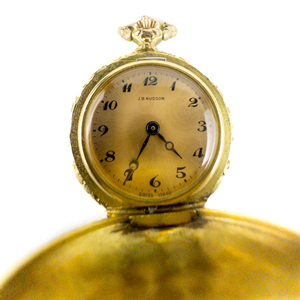 lot 124 image: J B Hudson Branded, Ladys EMILE JOBIN CO. Swiss, 17 Jewel With Floral Pattern Yellow Base Metal Mechanical Pocket Watch. Working