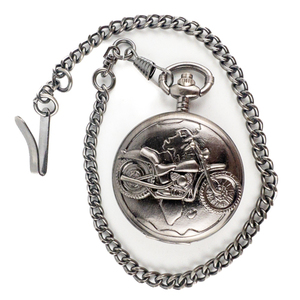 lot 127 image: FMD FMDAL735 Antiqued Case Motorcycle Motif Black Base Metal Quartz Pocket Watch. Working