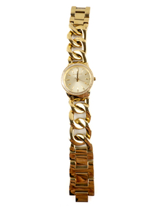 lot 180 image: Ladys Michael Kors MK-3235 Rhinestone Bezel With Large Curb Link Band Yellow Tone Stainless Steel Quartz Analog watch. Working
