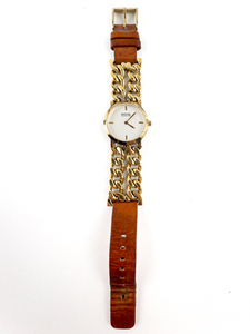 lot 184 image: Ladys Michael Kors MK-4013 Double Curb Link Chain & Leather Band Yellow Stainless Steel Quartz Analog watch. Working