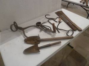 lot 98 image: Antique Hay Bale Hooks, Camp Shovels