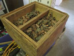 lot 45 image: (A-3) Wood Box with Top Tray Full of Copper Fittings 19 12 x 19 x 11 High