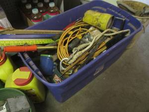 lot 46 image: (EW3) Large Tote Full of Misc YardGarden Hand Tools, Yard Sticks, Extension Cord, Drain Snake and Much Much More