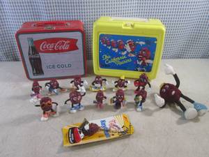lot 314 image: (CSB) Metal Coca-Cola Lunch Box and Vintage Thermos Plastic The California Raisins Lunch Box with Assorted Raisin Figures