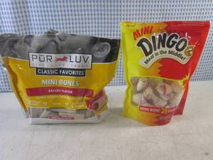lot 282 image: (CS) Open Bag Bacon Flavor Mini Dog Bones Best by June 2017 and Unopened Bag Mini Dingo Dog Treats Past Date