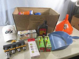 lot 273 image: (F-0) Box Full of Misc - Large Funnel, Drop Clothes, Bar Chain Oil, LED Lights and More - See Photos