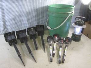 lot 74 image: (F-3) Bucket of LED Outdoor Lighting and Cabelas LED Lantern