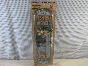 lot 114 image: (B-2) A Fisherman Lives Here...Metal Thermometer - New - IndoorOutdoor 5 18 x 17 38