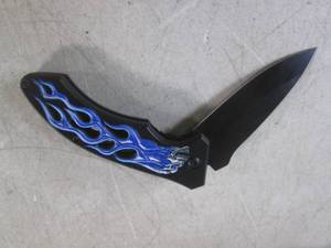 lot 120 image: (CNTR) Skull with Blue Flames Design Spring Assist Folding Knife with Belt Clip - New In Box - 4 34 Closed  8 Open