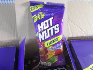 lot 425 image: (EC2) Case 36 Bags Takis Hot Nuts Fuego Hot Chili Pepper & Lime Double Crunch Peanuts 3 Inner Boxes of 12 Bags Each Past Date
