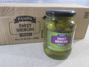 lot 437 image: (B-1) Case 12 Jars Sweet Gerkins Pickles 12oz Jars Past Date