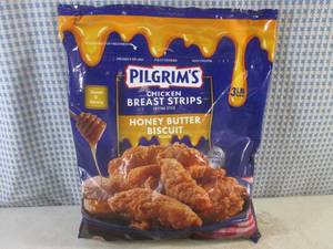 lot 487 image: (FRZ) 3 Pound Bag Frozen Chicken Breast Strips Fritter Style Honey Butter Biscuit Flavor Past Date