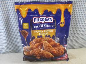 lot 488 image: (FRZ) 3 Pound Bag Frozen Chicken Breast Strips Fritter Style Honey Butter Biscuit Flavor Past Date
