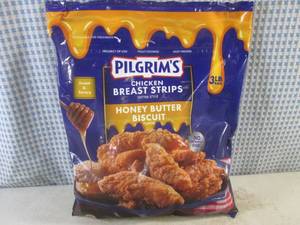 lot 489 image: (FRZ) 3 Pound Bag Frozen Chicken Breast Strips Fritter Style Honey Butter Biscuit Flavor Past Date