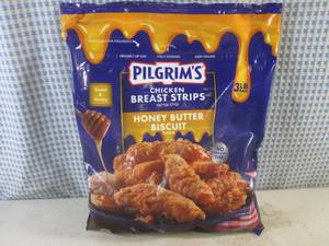 lot 490 image: (FRZ) 3 Pound Bag Frozen Chicken Breast Strips Fritter Style Honey Butter Biscuit Flavor Past Date