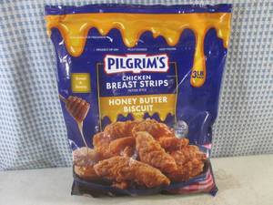 lot 491 image: (FRZ) 3 Pound Bag Frozen Chicken Breast Strips Fritter Style Honey Butter Biscuit Flavor Past Date