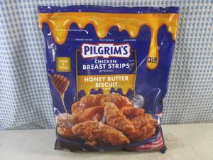 lot 492 image: (FRZ) 3 Pound Bag Frozen Chicken Breast Strips Fritter Style Honey Butter Biscuit Flavor Past Date