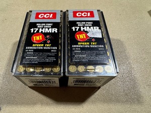 lot 16 image: 17 HMR Hollow Point TNT Ammunition. Two Boxes. Fifty per Box