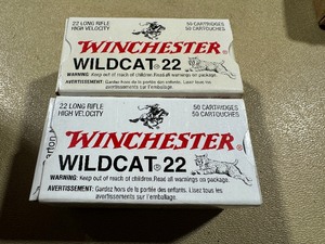 lot 17 image: Winchester Wildcat 22 Long Rifle High Velocity Ammunition. One Full Box of 50 Cartridges. One Partial Box of 43 Cartridges.