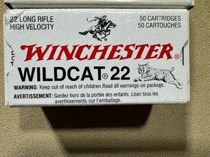 lot 61 image: Winchester Wildcat 22 Long Rifle High Velocity Ammunition. Two Boxes. Fifty Cartridges per Box.