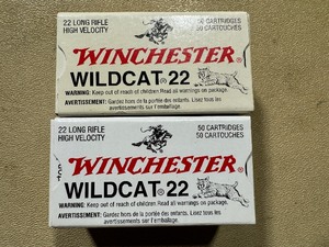 lot 62 image: Winchester Wildcat 22 Long Rifle High Velocity Ammunition. Two Boxes. Fifty Cartridges per Box.