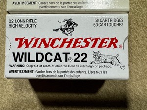 lot 63 image: Winchester Wildcat 22 Long Rifle High Velocity Ammunition. Two Boxes. Fifty Cartridges per Box.