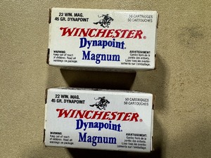 lot 65 image: 22 Magnum Winchester DynaPoint Ammunition. Two Boxes. 50 Cartridges per Box.