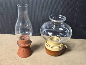 lot 50 image: Ceramic Lamp and Wooden Candle Holder with Chimney