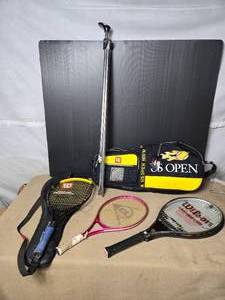 lot 108 image: Tennis Bag, Rackets, Ski Pylon