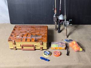 lot 151 image: Tackle Box, Some Tackle, Older Fishing Poles and Reels