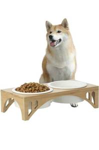 lot 4 image: FUKUMARU Elevated Dog Ceramic Bowl, 32oz Raised Food Feeding Dish, Solid Bamboo