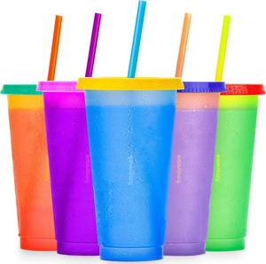 lot 13 image: Color Changing Cups with Lids and Straws for Adults - 5 x 24oz Reusable Cups with Lids and Straws, Bulk Plastic Cups with Lids and Straws for Kids, Cold Iced Coffee Cups & Women Water Party Tumbler