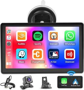lot 25 image: Hikity 7 Inch HD Portable Wireless Apple Carplay and Android Auto Screen, Bluetooth Car Stereo with Airplay Siri AUX USB FM Transmitter Backup Camera for All Vehicles