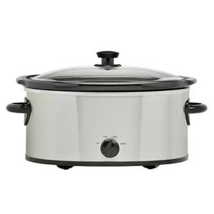 lot 32 image: Mainstays MS54100112168S 6 Quart Oval Slow Cooker, Stainless Steel Finish, Glass