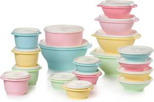 lot 34 image: Tupperware Heritage Collection 36 Piece Food Storage Container Set in Vintage Colors- Dishwasher Safe & BPA Free - (18 containers  18 lids)