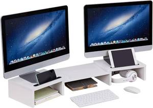 lot 49 image: PRAISUN Monitor Stand Riser, Dual Computer Monitor Stand for Desk, 3 Shelf Screen Stand with Adjustable Length and Angle, Upgrade 2 Extra Slots Storage, White