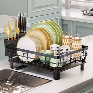 lot 69 image: Iron Dish Drying Rack with Drainboard Dish Drainers for Kitchen Counter Sink Adjustable Spout Dish Strainers with Utensil Holder and Knife Slots, Black
