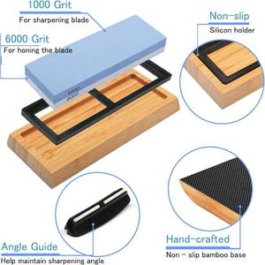 lot 18 image: Whetstone Knife Sharpening Stone Kit - Double Sided Whetstone Knife Sharpener 10006000 Grit, Professional Honing Sharpening Stone Set With Slip-Resistant Bamboo Base and Angle Guide