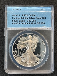 lot 25 image: 2018-S Silver Eagle Proof ANACS PR70 Deep Cameo