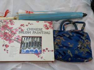 lot 49 image: Chinese Brush Painting, Umbrella and Purse