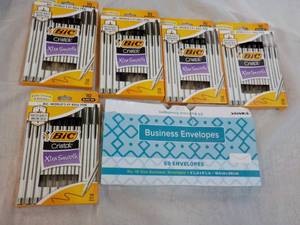 lot 187 image: 50 Bic Cristol Black Ink Pens and Business Envelopes