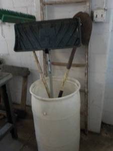 lot 240 image: Shovel, Broom and Spade in a White Storage Drum