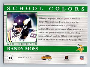 lot 32A image: Randy Moss 2750 2001 Pacific Invincible School Colors, numbere 26922750, Minnesota Vikings Football Card
