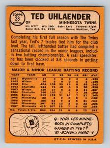 lot 64A image: 1968 Topps Buy Back 50th Anniversary Ted Uhlaender #28 Vintage Baseball Card Minnesota Twins