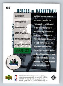 lot 69A image: Kevin Garnett 17221989 2002 Upper Deck Heroes of Basketball #KG10 Minnesota Timberwolves Basketball Card