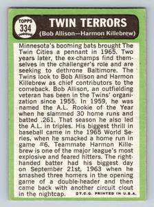 lot 93A image: 1967 Topps Twin Terrors Harmon Killebrew and Bob Allison #334 Vintage Minnesota Twins Baseball Card