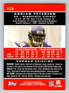 lot 155A image: Adrian Peterson RC 2007 Bowman #126 Rookie Minnesota Vikings Football Card